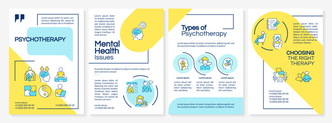 Types of psychotherapy blue and yellow brochure template. Leaflet design with linear icons. Editable 4 vector layouts for presentation, annual reports. Questrial, Lato-Regular fonts used