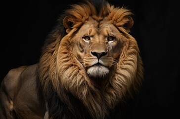 Naklejka premium Majestic and powerful lion portrait against dark background