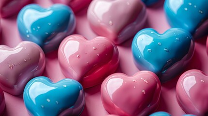 A close up of several pink and blue heart shaped candy.