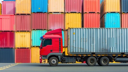 Truck loaded with containers at port, side view with copy space, deep depth of field, logistics in action.