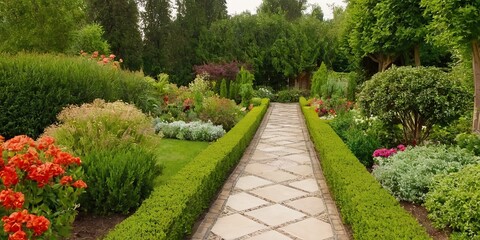 Lush garden with colorful flowers lining a winding pathway, nature, garden, pathway, flowers, blooming, colorful, beautiful
