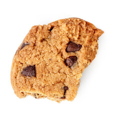 Broken Chocolate chip cookie isolated on white background. Cookie with chocolate pieces top view. Flat lay.