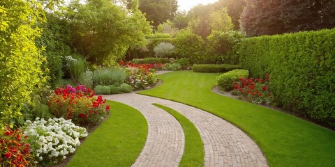 Obraz premium Lush garden with colorful flowers lining a winding pathway, nature, garden, pathway, flowers, blooming, colorful, beautiful 