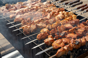 Kebab skewer meat dish. BBQ meat on grill.