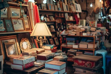 Vintage Book Shop Interior with Lamp and Frames