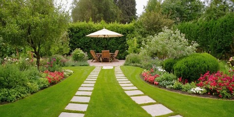 Vibrant multicolored flowers and lush greenery line a winding pathway through a serene and beautifully landscaped garden oasis landscape.