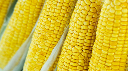 Rows of golden corn kernels on the cob are close together, showcasing their bright yellow color and texture. Close up view of corn kernels..