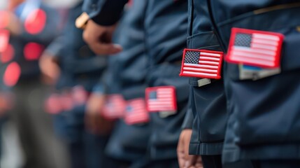 American flags folded neatly in a row, with a soldier figurine in the background.