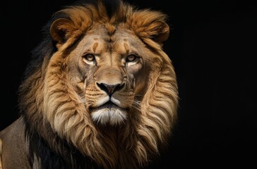 Fototapeta premium Close up portrait of lion king with magnificent mane isolated on black background