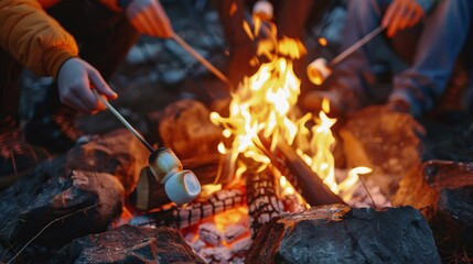 Fototapeta premium Detailed close-up of friends roasting marshmallows over a campfire, with the flames glowing warmly