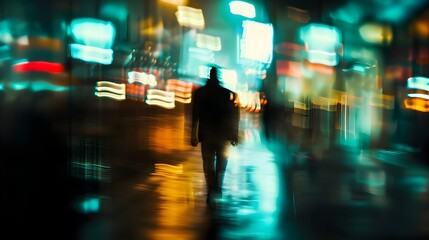 Fototapeta premium Silhouetted Figure Walking at Night with Blurred Abstract Lighting and Motion Perspective