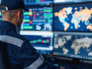 Fototapeta premium Travel logistics control center managed by coordinator, overseeing drops and transportation with copy space, covering objects, deep depth of field.