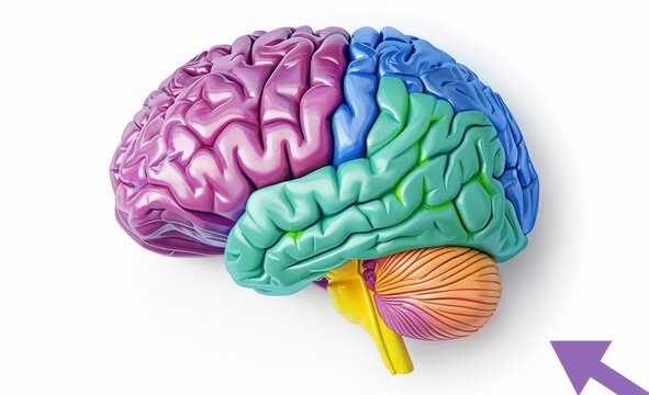 Colorful top view of a human brain model with distinct regions highlighted