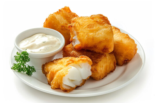 a plate of fish and chips with a side of ranch dip
