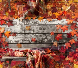 Vibrant Autumn Leaf Pattern Covering Cozy Wooden Bench with Tartan Blanket in Warm Natural Light
