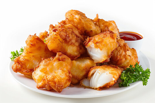 a plate of fried food with sauce and parsley