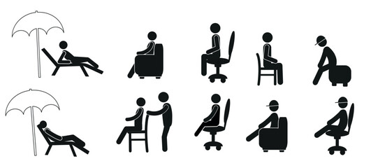 a pictogram of a human figure in different poses, a person sitting on a chair, on an armchair, on a computer chair, resting on a chaise longue