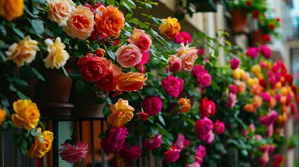 Many colorful roses hanging from a balcony.