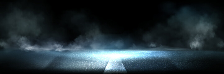 Wet road and smoke abstract background empty scene with asphalt texture and spotlight. Horror highway surface with smog and neon light. Danger scary banner bg. Mysterious escape stage at night