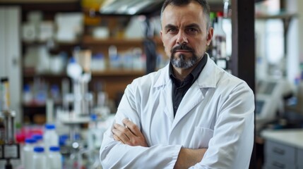 Obraz premium Confident Scientist in Lab Coat with Arms Crossed - Expertise in Research and Development