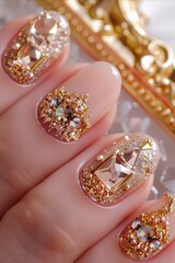 A close up of a woman's nails with gold and crystals.