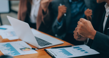 Business People Teamwork are Meeting Conference and Congratulations to Successful of Their Project. Group of Employees Colleagues Congrated to Partnership After Dealing Complete, Business and Creative