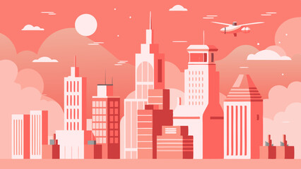 Drone view of many high buildings in a city at night, vector art illustration