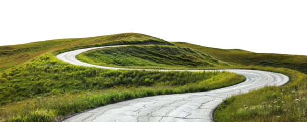Scenic dirt road winding through a green countryside landscape with rolling hills and trees under a clear sky.