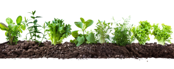 Young green seedlings sprouting in dark fertile soil against a white background, growth and new beginnings.