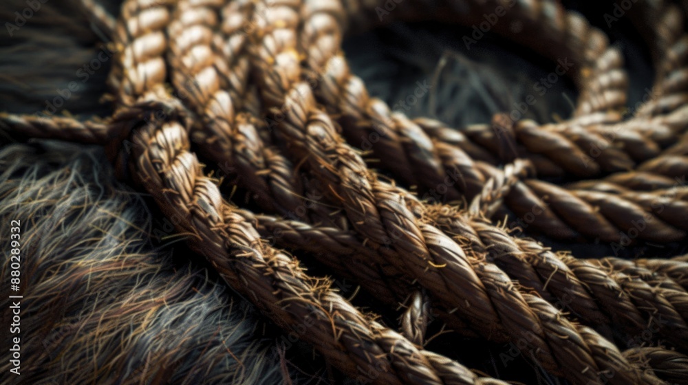 Poster a close-up shot of a rope on a horse's back or harness, suitable for use in equestrian-themed design