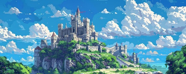 Fototapeta premium A pixel art rendition of a majestic castle perched atop a hill, its pixelated towers reaching towards the sky.