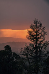 View from the mountains with cloudy skies in the forest during sunset