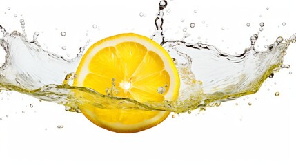 Lemon slice water splash: fresh citrus fruit with splashing drops, isolated on white background for refreshing beverage and healthy eating concepts


