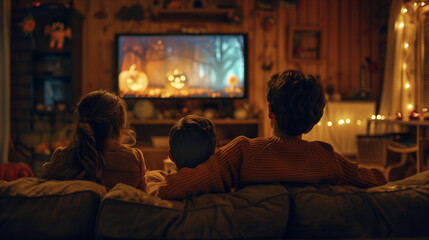 Obraz premium Family with children on the couch watching a Halloween horror TV show