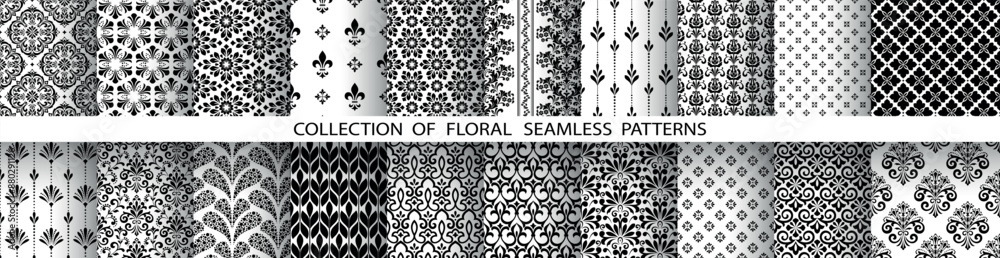 Wall mural Geometric set of seamless black and white patterns. Simple vector graphics.