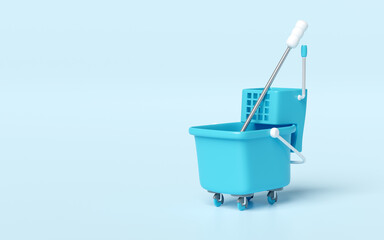 3d clean floor mop with plastic bucket isolated on blue background. cleaning tool equipment, 3d illustration render