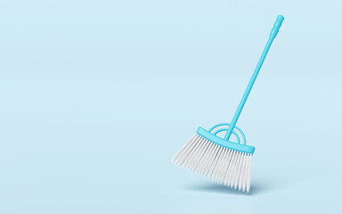 3d cleaning broom long isolated on blue background. cleaning tool equipment, 3d illustration render