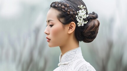 An Asian woman with braided updo hairstyle, looking elegant
