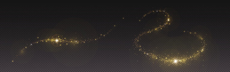 Magic gold dust trail with star shaped sparkles on dark transparent background. Realistic vector illustration of circle and wave path of shine glitter and shimmer particles. Can be used as png.
