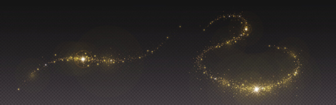 Magic gold dust trail with star shaped sparkles on dark transparent background. Realistic vector illustration of circle and wave path of shine glitter and shimmer particles. Can be used as png.