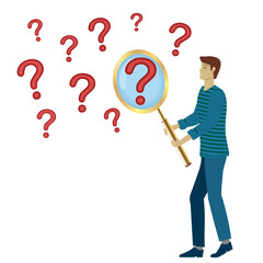 What is the problem? Man trying to find the answer throug looking in magnifying glass. Vector illustration. Isolated.