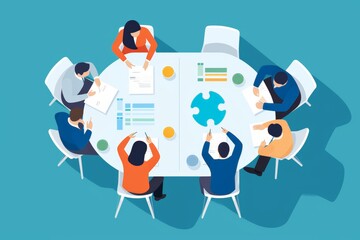 Overhead view employees at roundtable meeting, sharing project updates, has central puzzle piece design, symbolizing teamwork and collaboration, participants are engaged, using laptops documents.