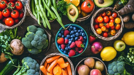 A colorful arrangement of various fruits and vegetables in a circular pattern, ideal for use as a decorative element or in editorial content