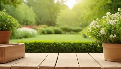 Backdrop of a woolly greenhouse with an unoccupied wooden table with  a big copy space,154