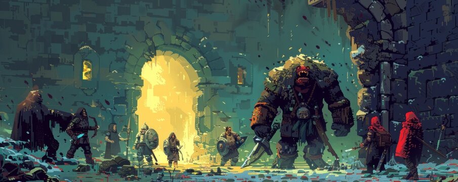 Pixelated adventurers exploring treacherous dungeon with battling monsters