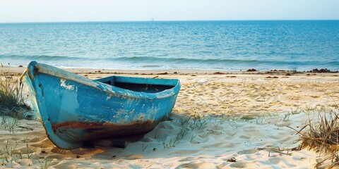 Naklejka premium A blue boat sits on the shore of a sandy beach, ready for adventure