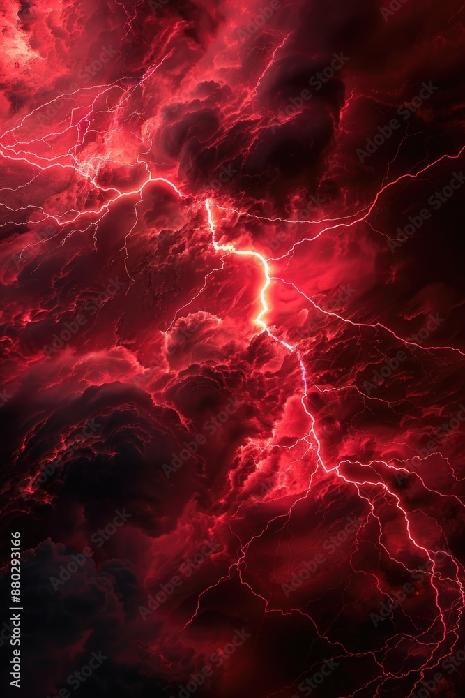 Poster a dramatic display of lightning and thunderstorm clouds in the dark blue-gray sky