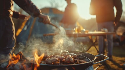 Fototapeta premium Outdoor Camping BBQ with Friends Enjoying Grilled Food Near Tent in Bright Daylight for Poster and Banner Design