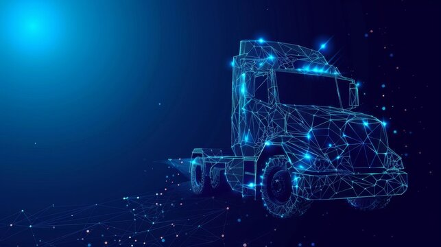 A polygonal 3D tractor on a dark blue background represents an online cargo delivery, logistics, or tracking app concept. This abstract vector illustration signifies an online freight delivery service