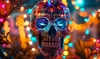 bright skull Amidst colorful lights It reflects the joyful and lively celebration of cultural traditions.